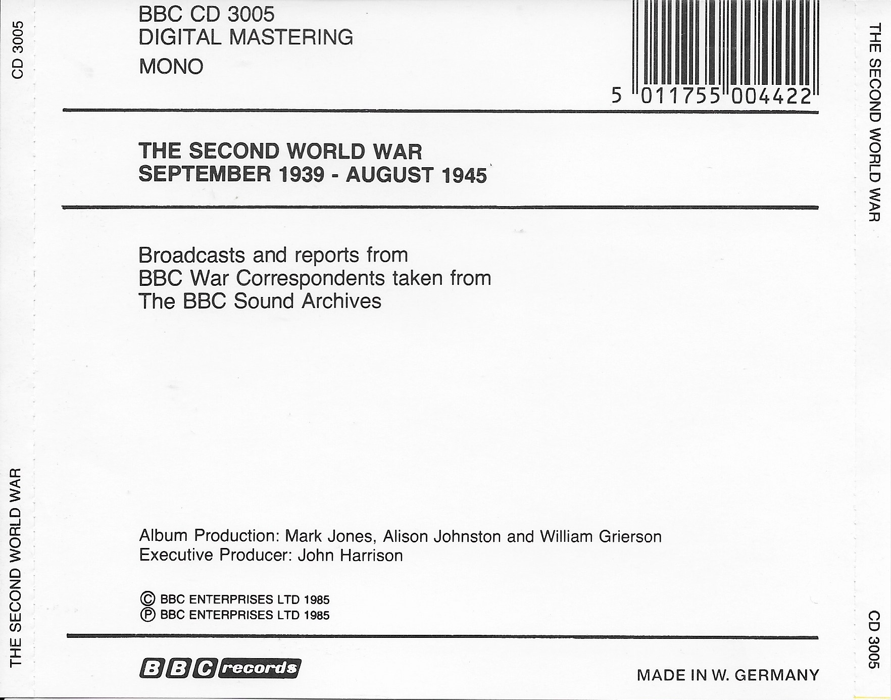 Picture of BBCCD3005 The second World war 1939 -1945 by artist Various from the BBC records and Tapes library